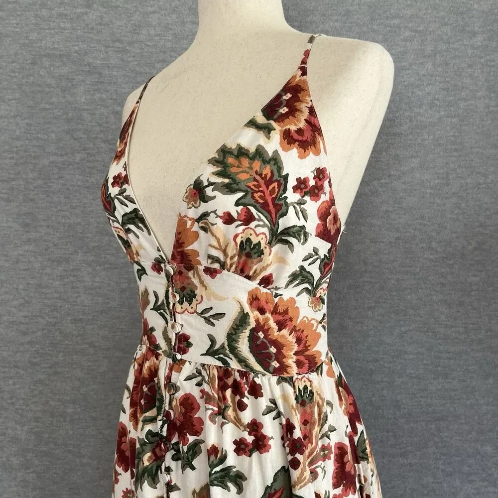 Abercrombie & Fitch Floral Linen Dress SP Buttons Plunge Neck Smocked Boho Maxi